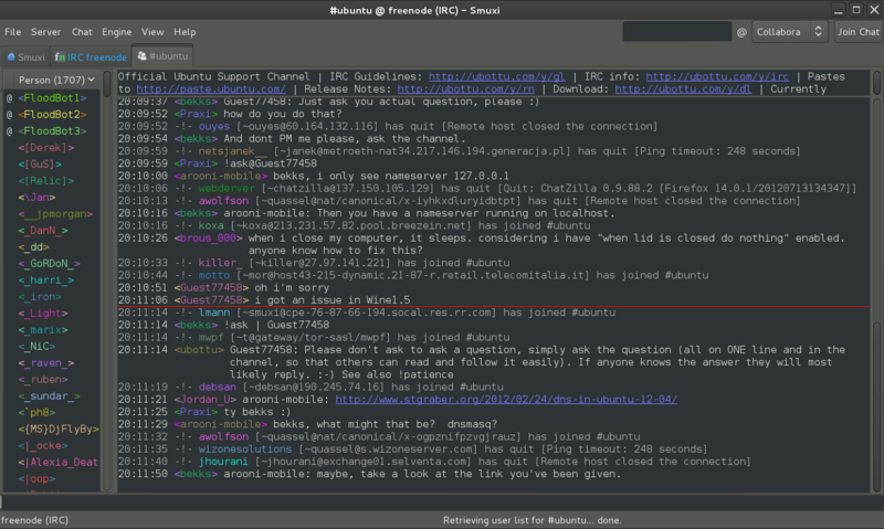 Screenshot of Smuxi 0.8.10 in action